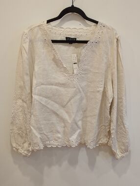 J Crew Linen Bungalow Blouse NWT Cream With White Embroidery Long Sleeves L Boho